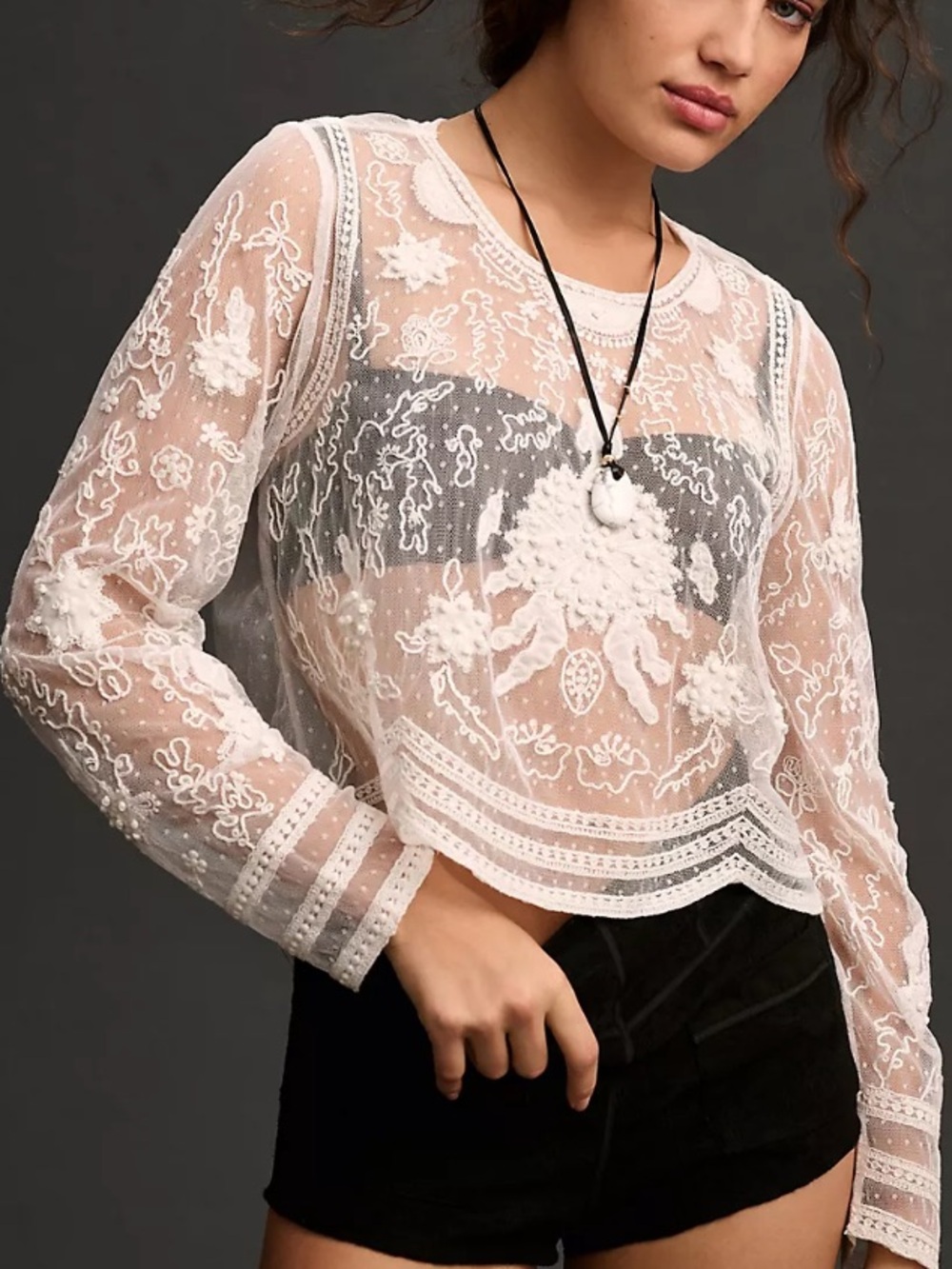NWT Anthropologie Long Sleeve Mesh Appliqué Sheer Top Large White